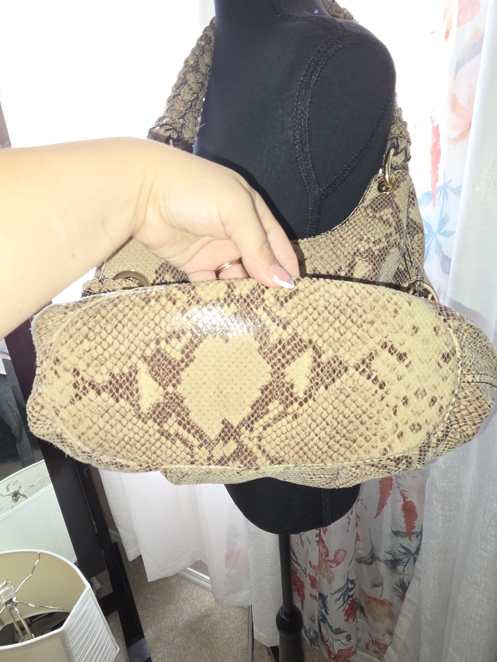 Michael Kors Taupe Snakeskin-Print Shoulder Bag with Tassel - Picture 5 of 13